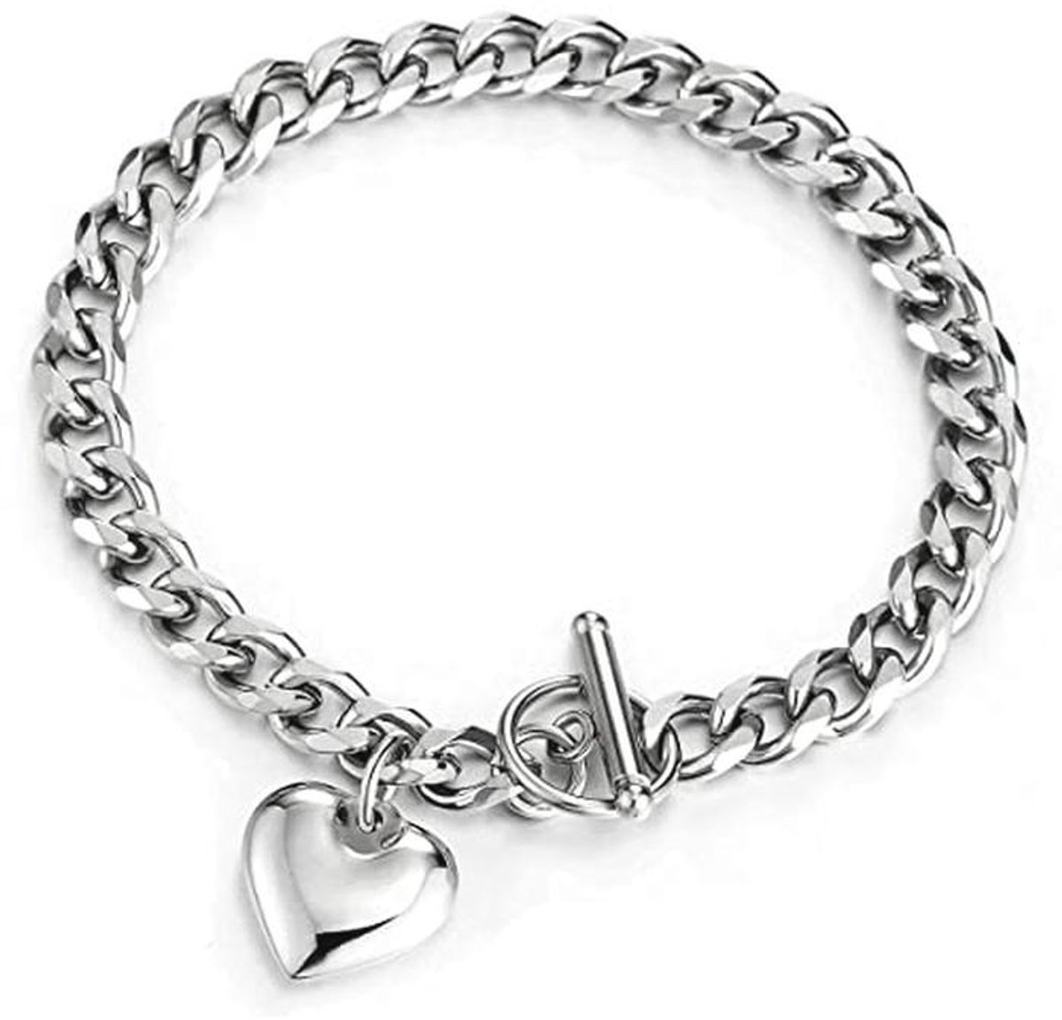 Dames Rolo Link Chain Armband met Bungelende Puff Heart en Toggle Sluiting - Roestvrij Staal