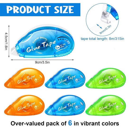 Overzicht van productafmetingen en 6 dubbelzijdige lijmrollers in oranje, blauw en groen.