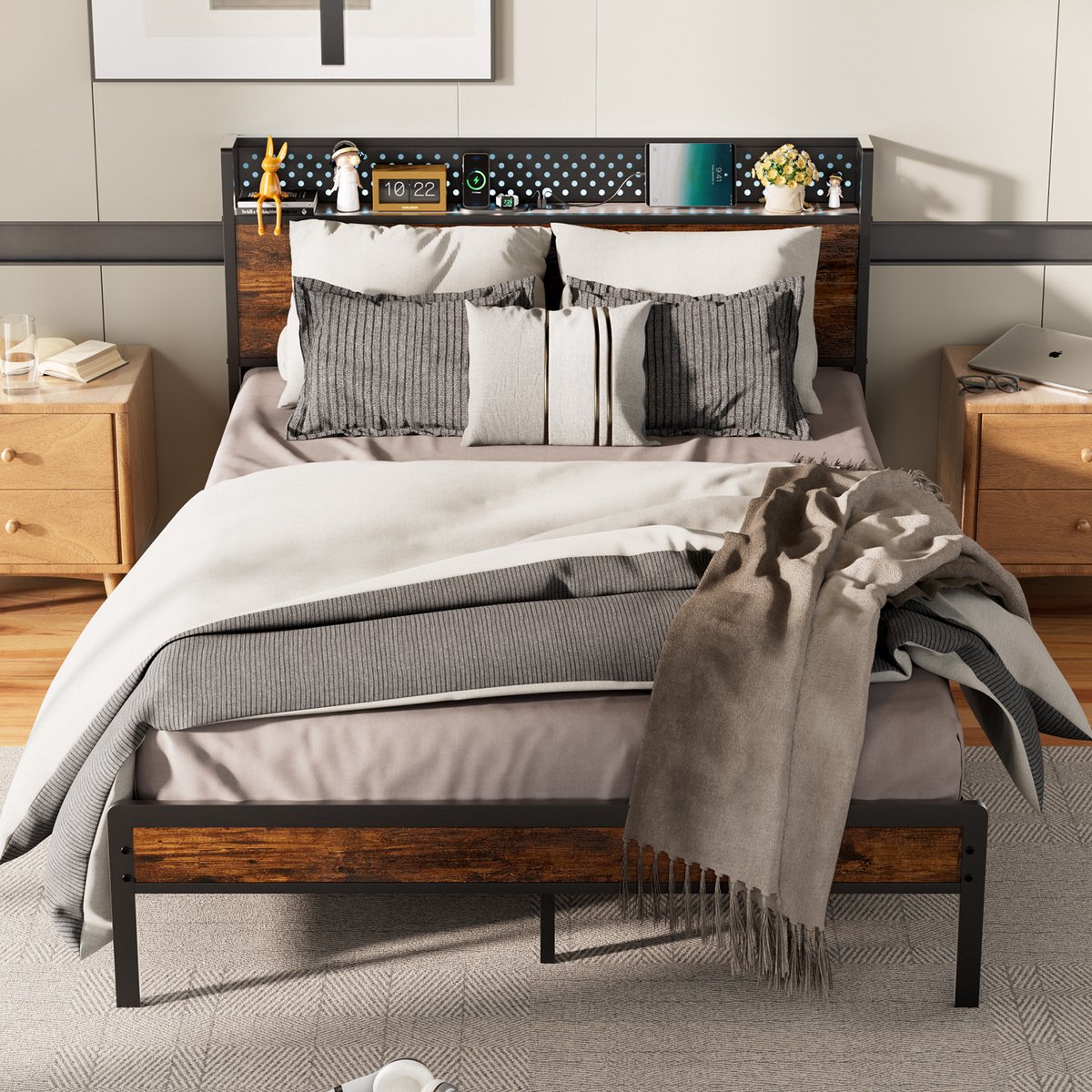 KUTAS Metalen Bed 140x200 cm - Tweepersoonsbed - Bedframe Met LED-verlichting en USB-oplaadstation - Metalen Bed Met Metalen Frame - Zonder matras - Bedframe Met Opbergruimte Onder de Matras Zwart