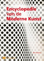 Encyclopedie van de Moderne Kunst in rode letters op een achtergrond met stippen.
