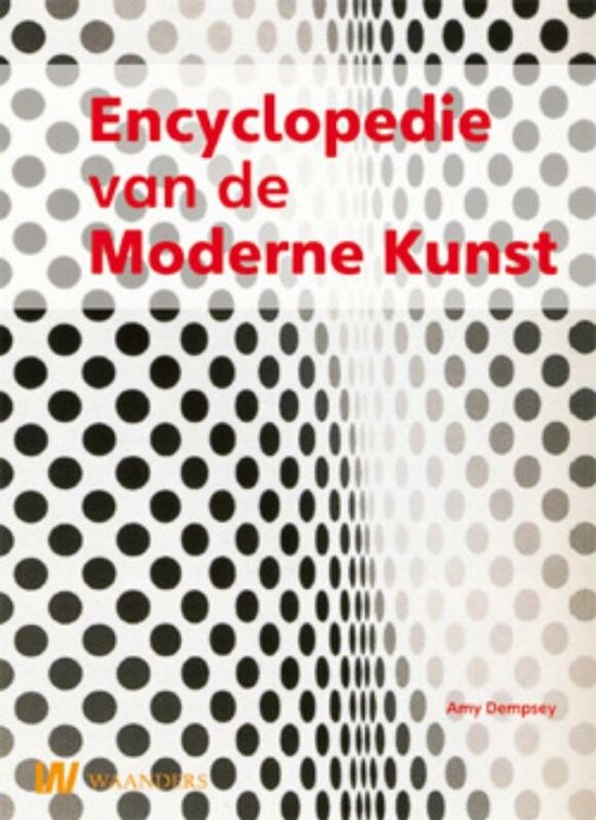 Encyclopedie van de Moderne Kunst in rode letters op een achtergrond met stippen.