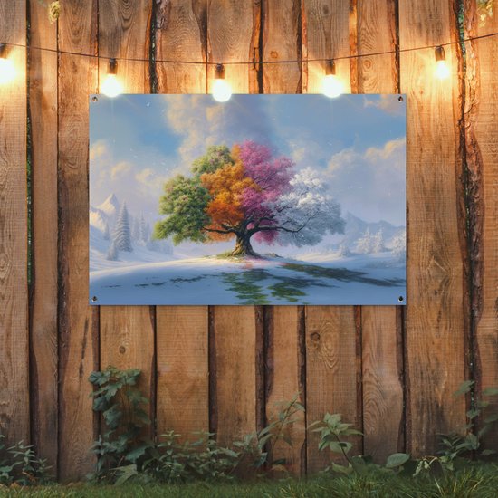 Tuinposter 120x80 cm - Tuindecoratie Boom - Seizoenen - Winter - Landschap - Poster voor in de tuin - Buiten decoratie - Schutting tuinschilderij - Tuindoek muurdecoratie - Wanddecoratie balkondoek