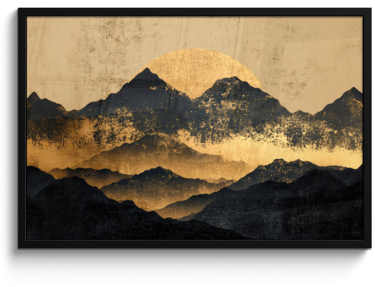 FrameYourWall Poster in lijst - Fotolijst 90x60 cm - Posters - Gouden Bergen bij Maanlicht - Posterlijst zwart - Decoratie - Wanddecoratie woonkamer - Muurdecoratie slaapkamer Bergen - Goud - Schilderij