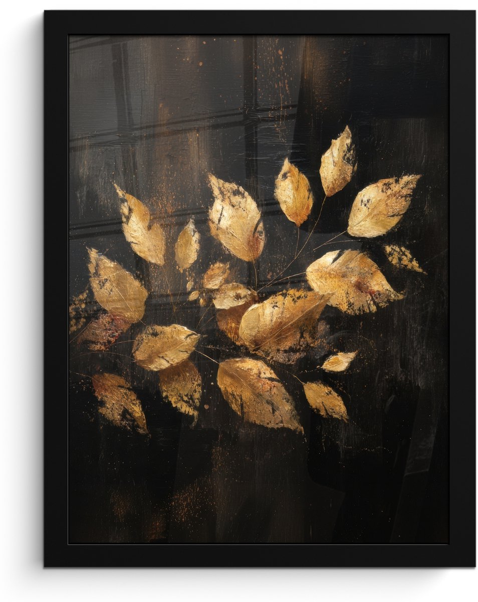 FrameYourWall Poster in lijst - Fotolijst 30x40 cm - Posters - Gouden Bladeren op Donkere Achtergrond - Posterlijst zwart - Decoratie - Wanddecoratie woonkamer - Muurdecoratie slaapkamer Bladeren - Goud
