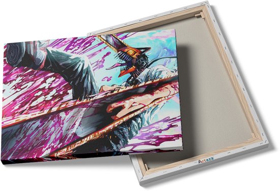 Achterkant van een canvas schilderij met de Artaza-branding, met een anime-afbeelding van een figuur met een kettingzaag.