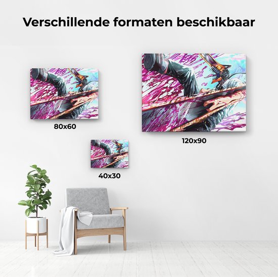 Drie formaten van een canvas schilderij met een anime figuur met een kettingzaag, naast een stoel en een plant.