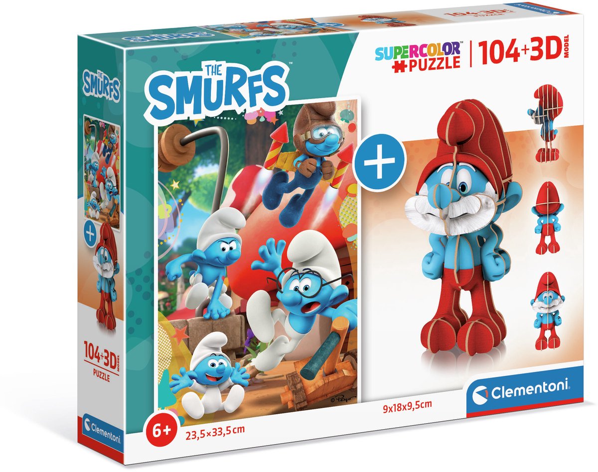 De smurfen - Clementoni puzzel - 104 stukjes + 3D model puzzel grote smurf