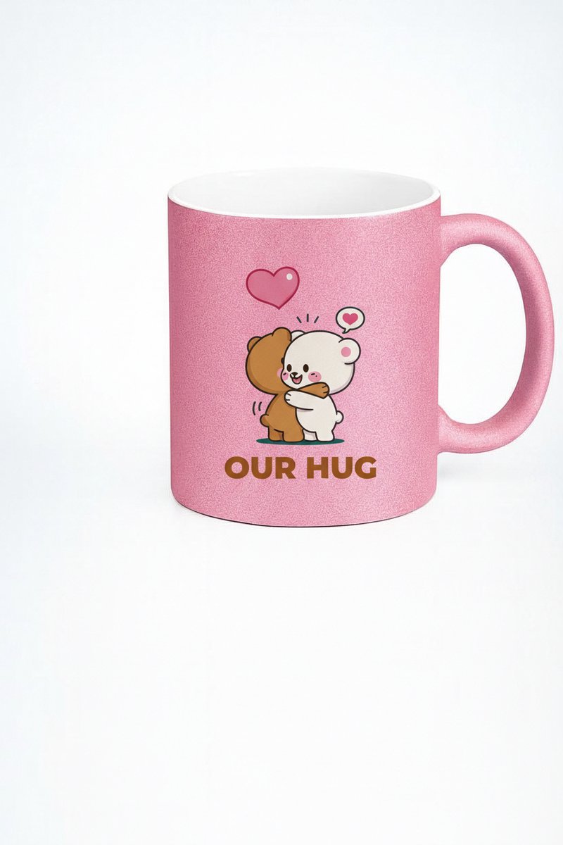 Roze Glitter Mok 'Our Hug' met Schattige Knuffelende Beren - Valentijn Cadeau