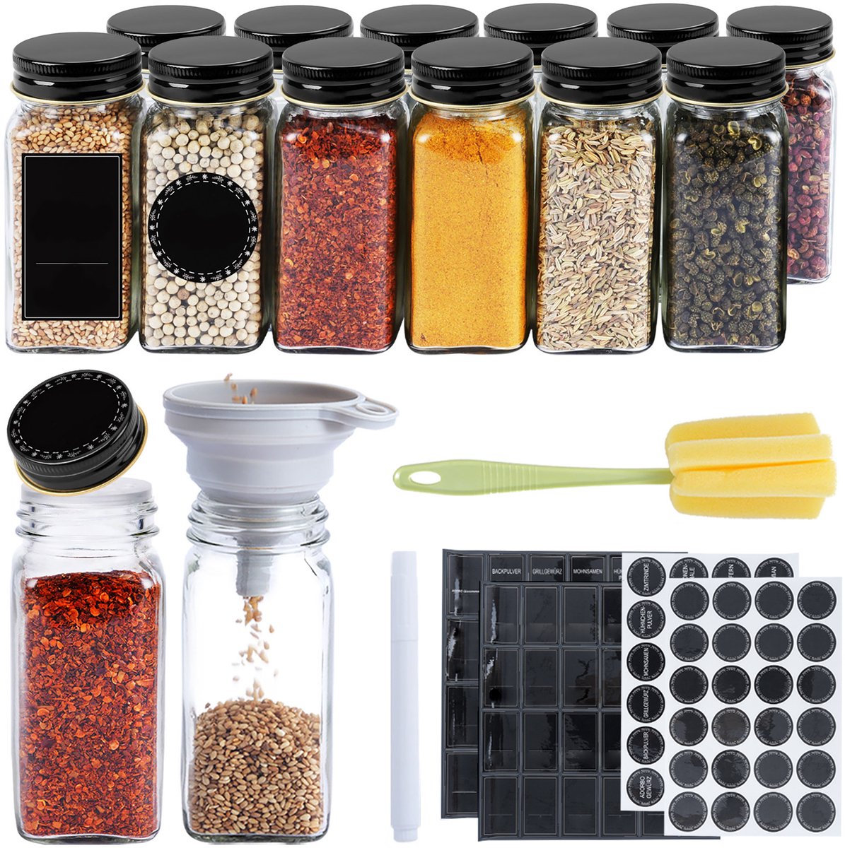 Froadp Set van 12 Vierkante Kruidenpotjes (120ml) - Glazen Gewürzdosen met Zwarte Aluminium Deksel, Etiketten, Marker, Trichter en Borstel