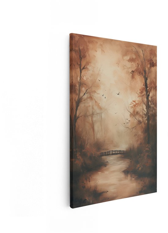 Een canvas schilderij van een herfstbos met een brug, rivier en vogels, gedetailleerd met bruine en oranje tinten.