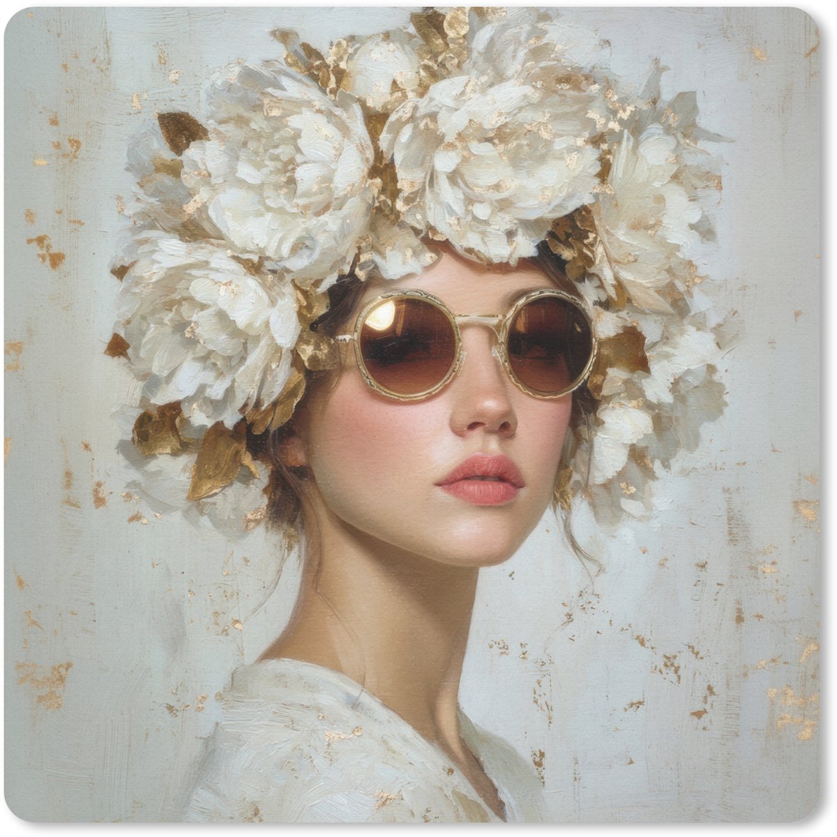 Muismat 30x30 cm - Mousepad Schilderij - Vrouw - Zonnebril - Bloemenkrans - Muismatten