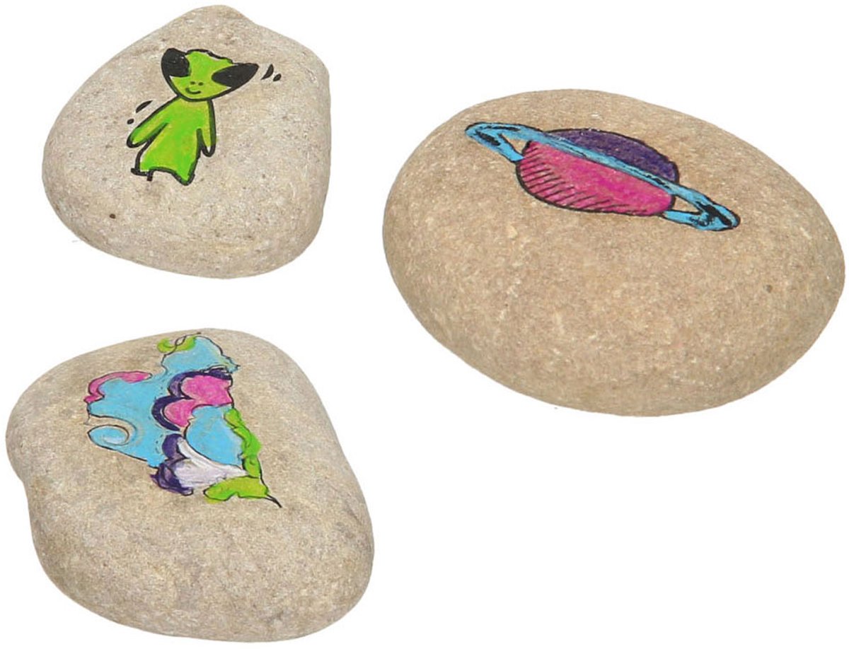 Grafix Galaxy Rock Painting - Set voor Happy Stones met 3 stenen, 5 kleuren verf, zilveren sterren en stickervel - Creatief speelgoed voor kinderen vanaf 5 jaar - Inclusief kwast — afbeelding 4