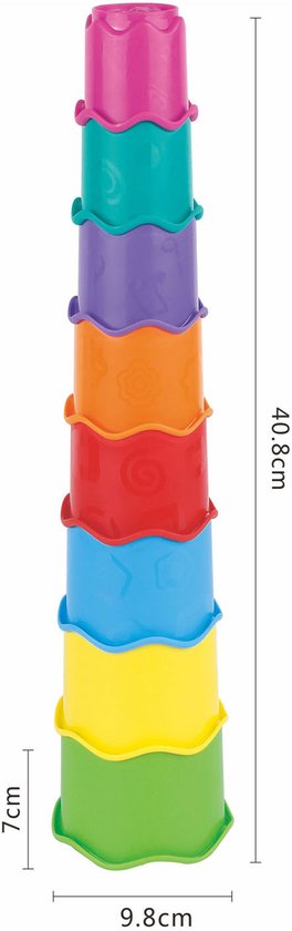 Een toren van acht gekleurde stapelbekers, gestapeld van groen tot paars en roze. Afmetingen: 40,8cm hoog, 9,8cm breed, 7cm diep.