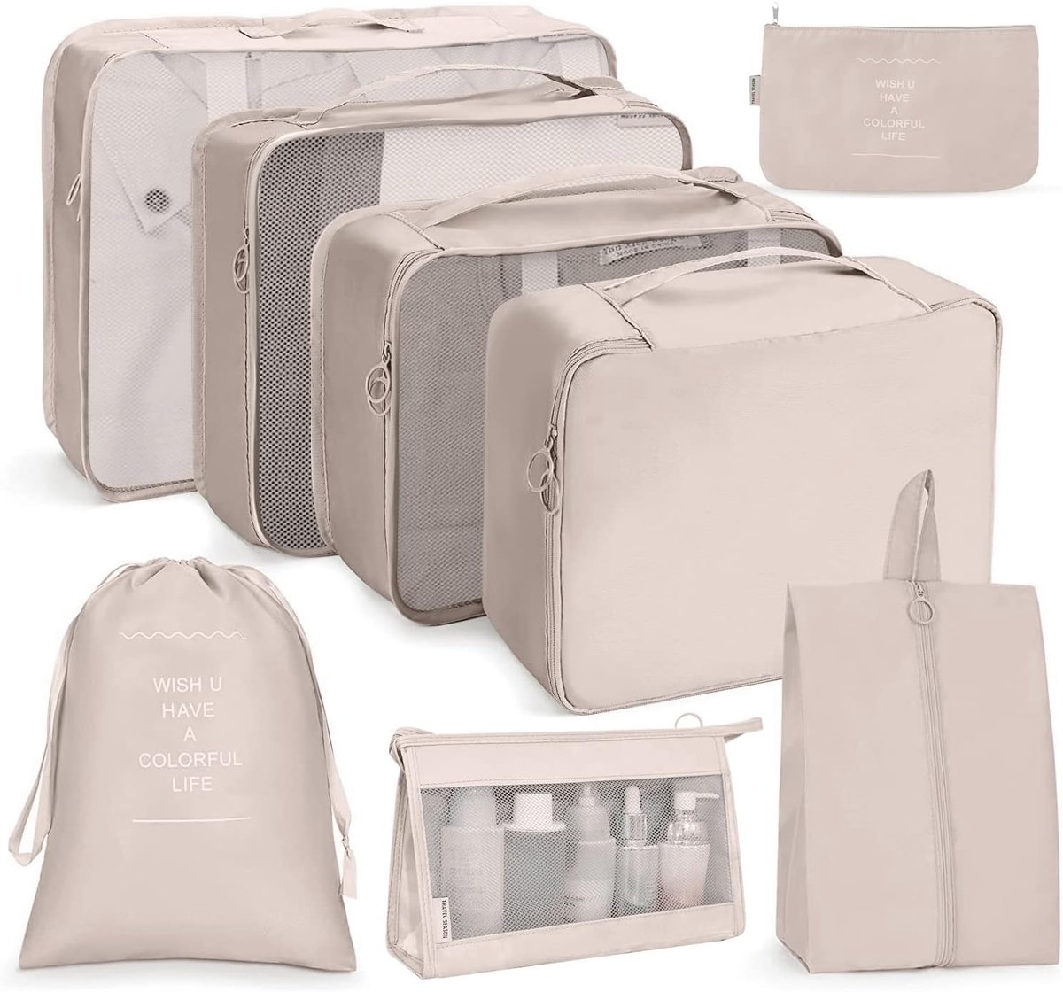 Famanu - 8-delige waterdichte packing cubes set met schoenenzak – Beige
