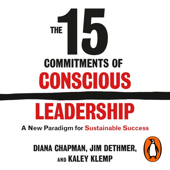 Boekhoes met de titel 'The 15 Commitments of Conscious Leadership'. Grote zwarte cijfers '15'.