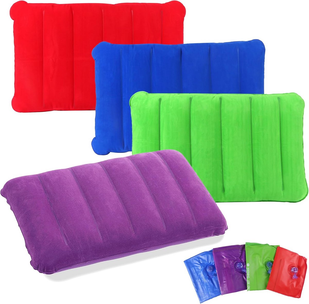 Opblaasbaar Kussen 4 Stuks – Draagbare Reiskussens voor Camping, Wandelen en Reizen – Velours PVC, Compact in Zakformaat