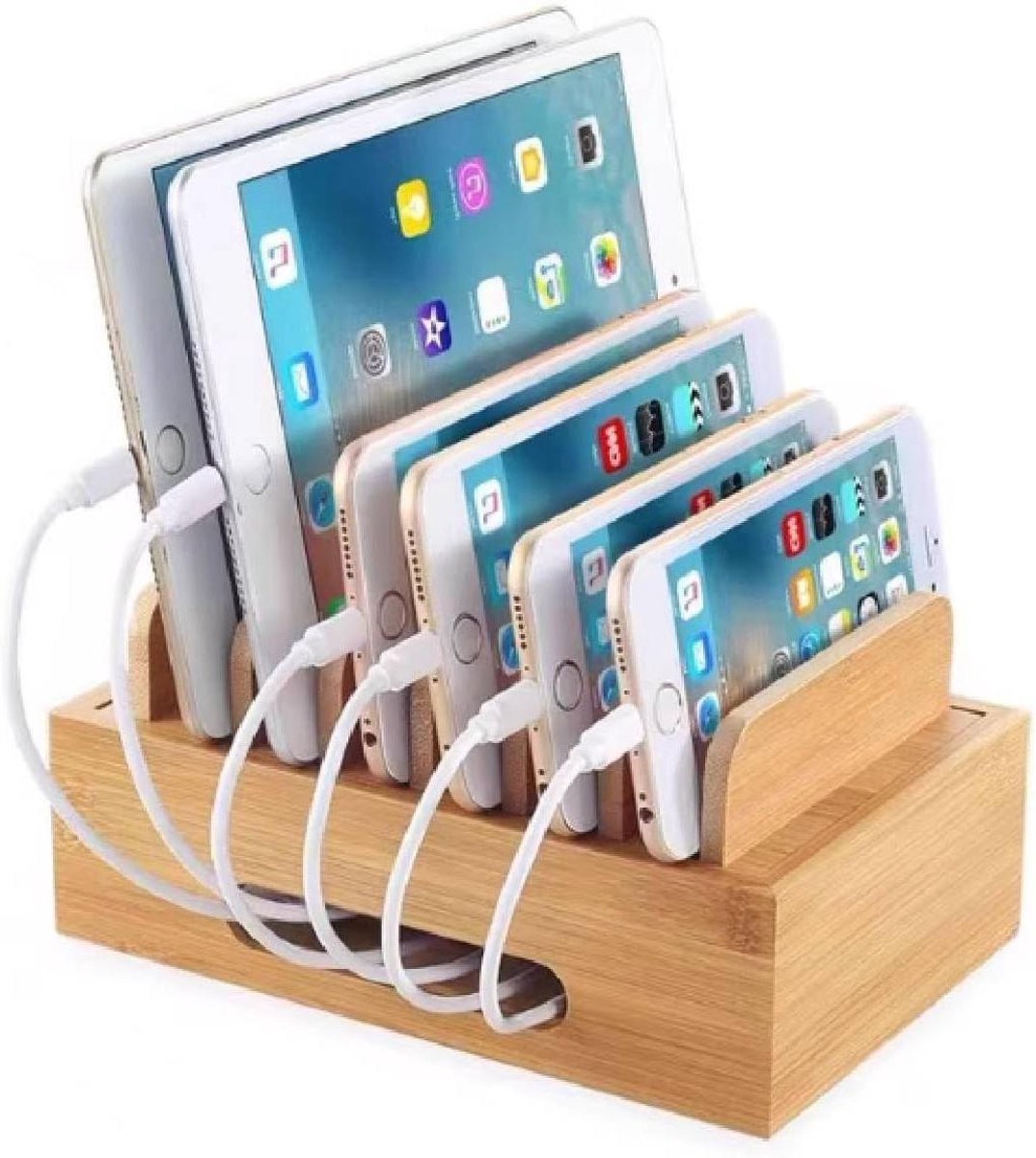 Ronte - Oplaadplank met Organizer voor Meerdere Apparaten - Houten Laadstationrek voor Mobiele Telefoons en Tablets
