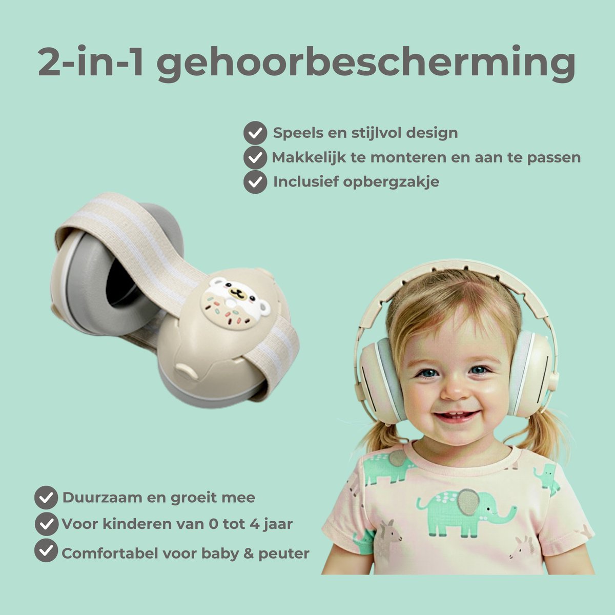 KM Gehoorbescherming baby - gehoorbescherming kind - 0 ‑ 4 jaar – 2 ‑ in ‑ 1 oorkappen – SNR 27 dB – Drukvrije Zachte Babyband – Verstelbare & Comfortabele Oorkappen – Duurzaam - Baby & Peuter- Beige – foto 2