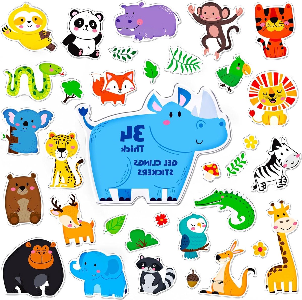 Ronte - Dikke Jelly Stickers voor Vensterdeur - 34 Stuks - Herbruikbare Gel Decals voor Thuis, Klas en Feest - Dieren Thema - Kinderen, Peuters, Volwassenen - Kweekschool Spullen.
