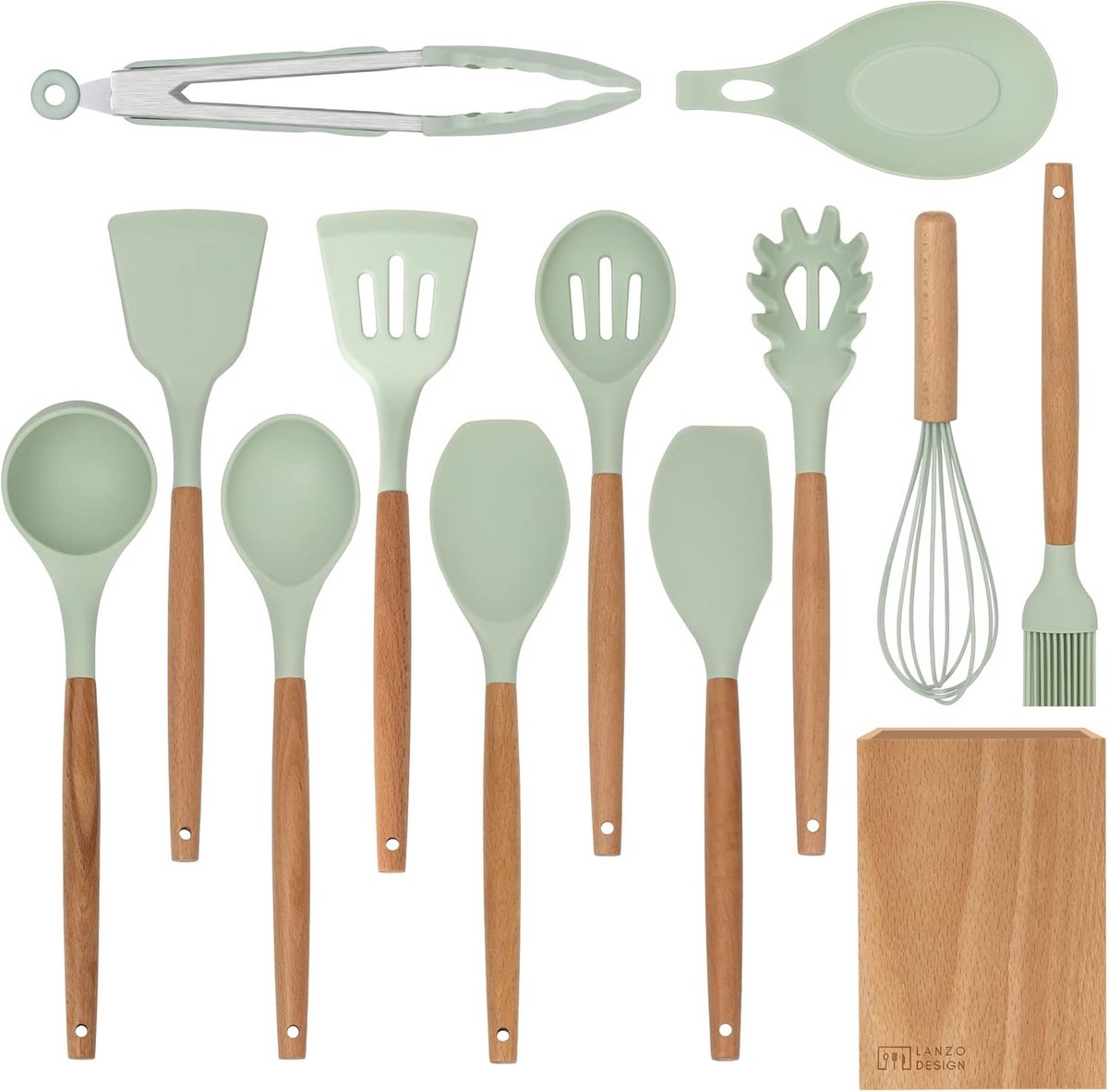 Complete Siliconen Keukengerei Set 12-Delig met Houten Handvatten