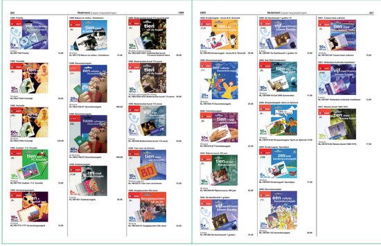 Boekpagina met Nederlandse postzegels met afbeeldingen van mensen, dieren en feesten.