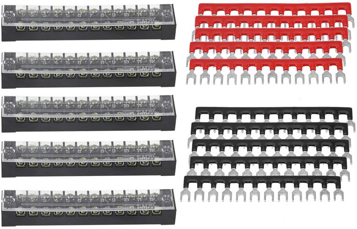 5 sets dubbele rij aansluitblok 12 posities 600V 15A met schroevaansluiting en voorgeïsoleerde barrière strip voor spade- en vorkconnectoren