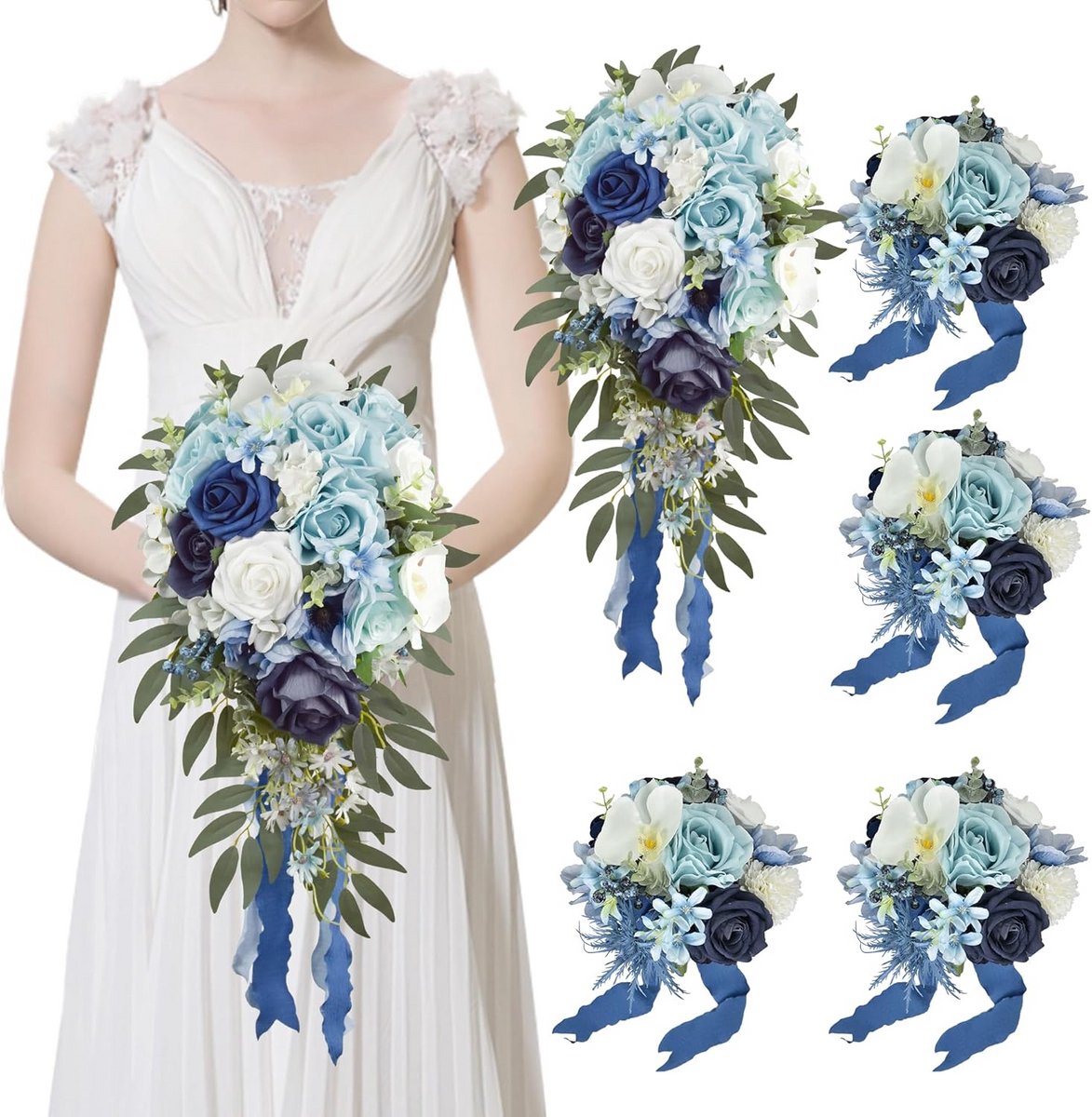 Trouwboeketten bruid en bruidsmeisjes - pakket van 5 kunstbloemen