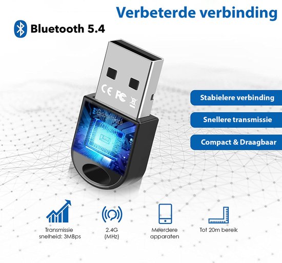 Compacte zwarte USB Bluetooth 5.4 adapter met gedetailleerde printplaat en tekst: "Verbeterde verbinding", "Stabielere verbinding", " Snellere transmissie", "Compact & Draagbaar".