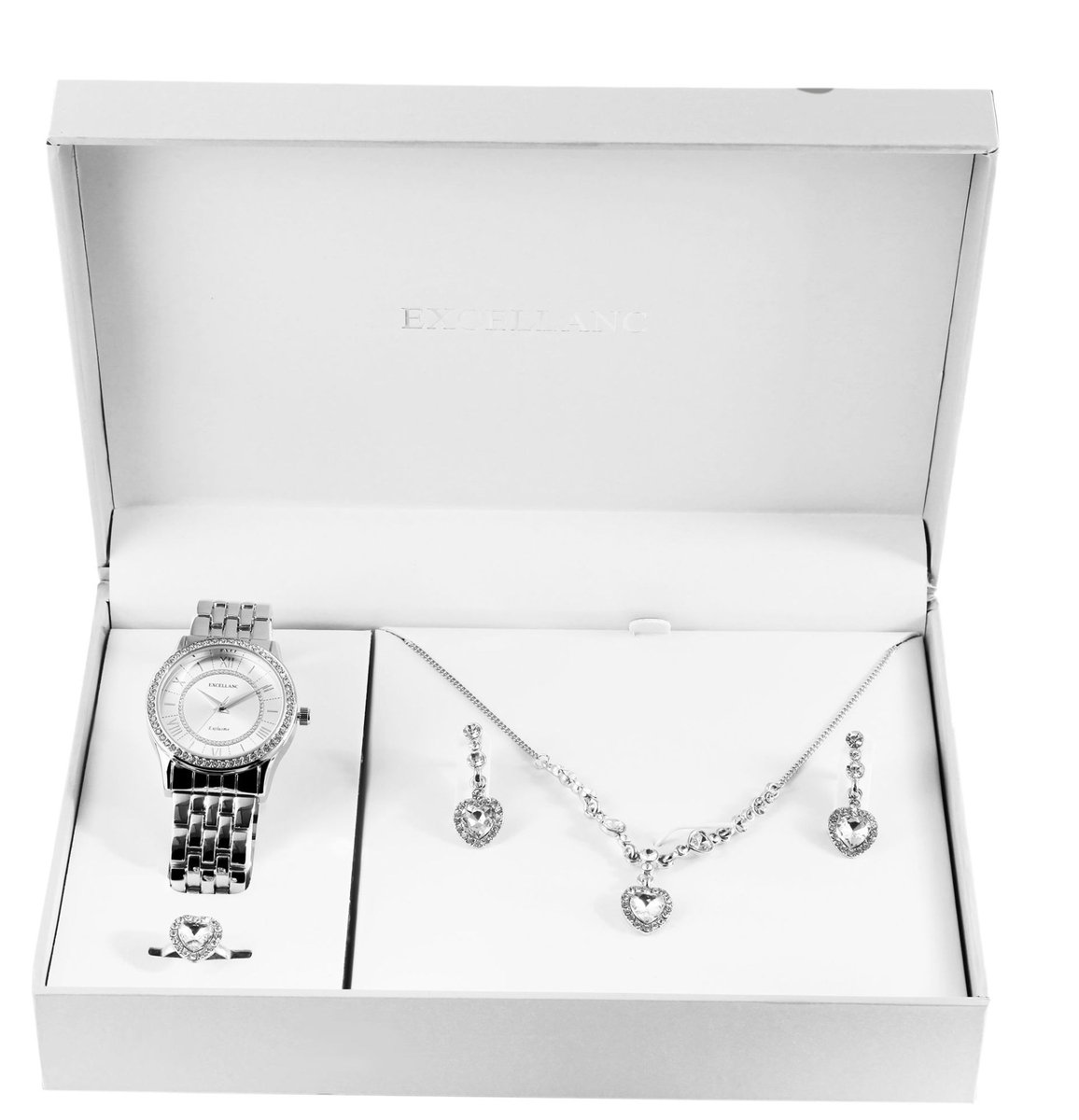 Excellanc dameshorloge geschenkset zilverkleurig cadeauset horloge, ring, ketting en oorbellen kerstcadeau