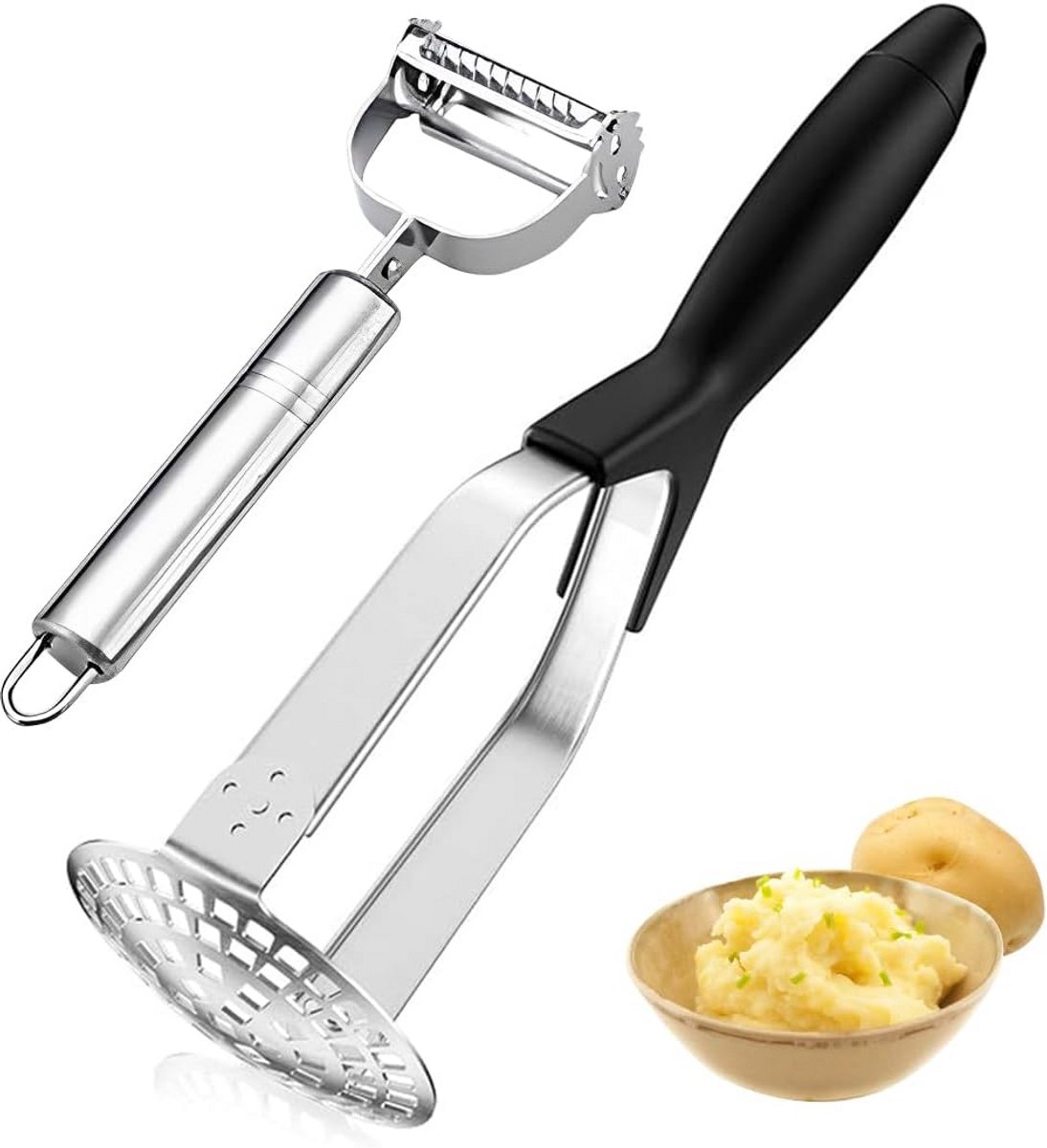 Aardappelstamper met Schilmes van Roestvrij Staal - 2-delige Set voor Puree, Groente en Fruit - Geschikt voor Vaatwasser