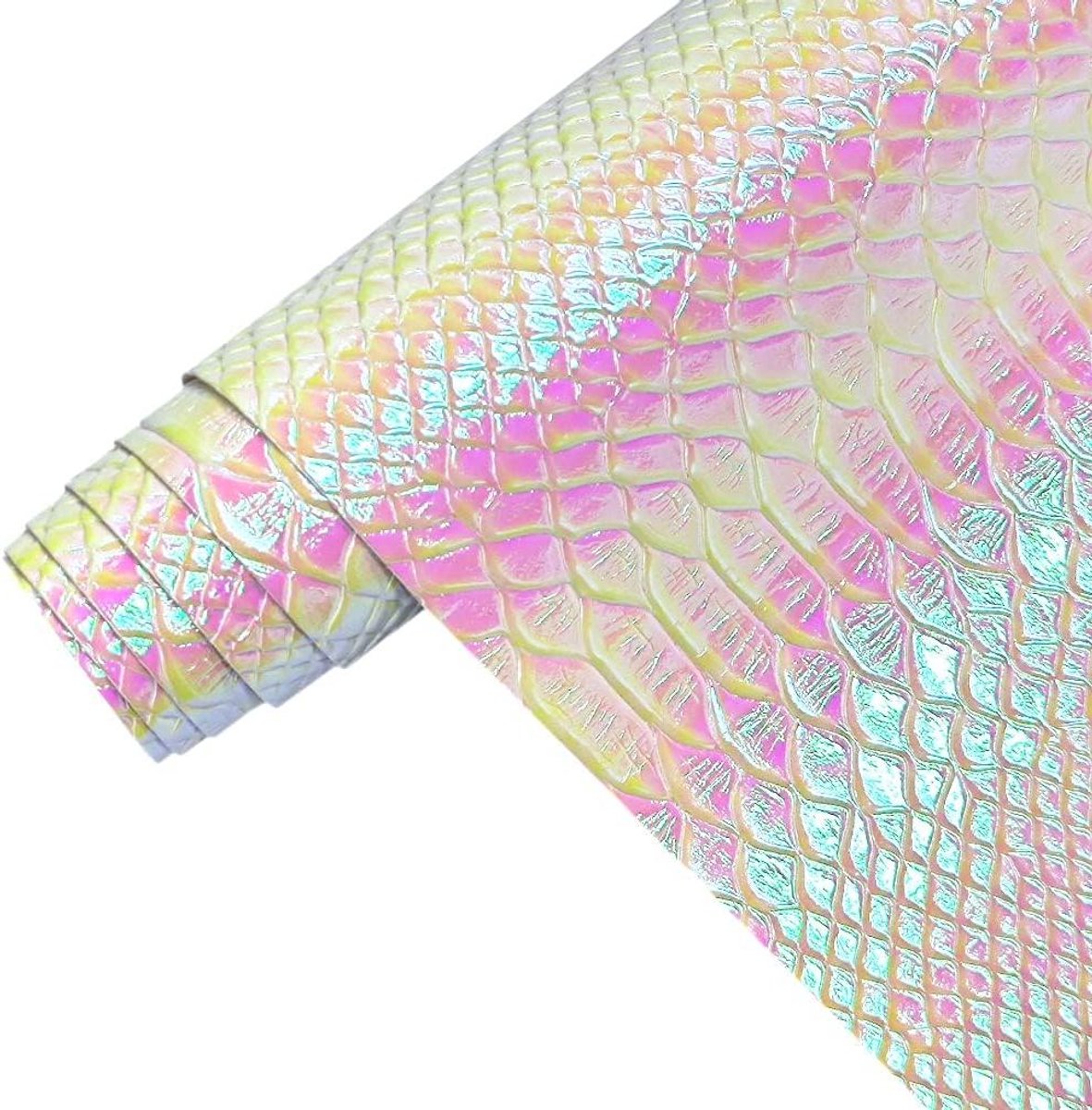 Ronte - Vinyl stof 30 x 135 cm holografische krokodillenhuid - Iridescent wit - Ambachtelijke stof voor naaiprojecten - DIY - Alligator kunstleer met reliëf.
