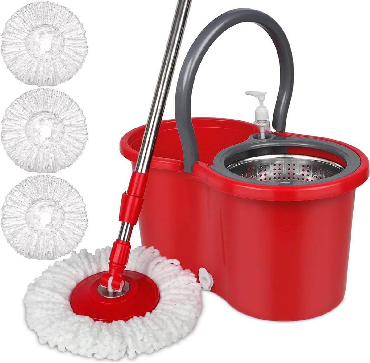 Mop en emmer set met wringerset, microvezel spindweil en 2 extra vullingen, rood/grijs