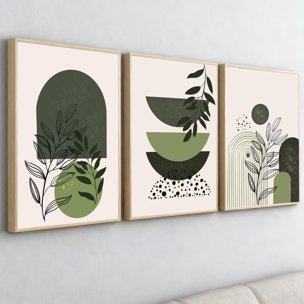 Unyqoos Set van drie ingelijste boho wanddecoraties met abstracte natuurmotieven groen