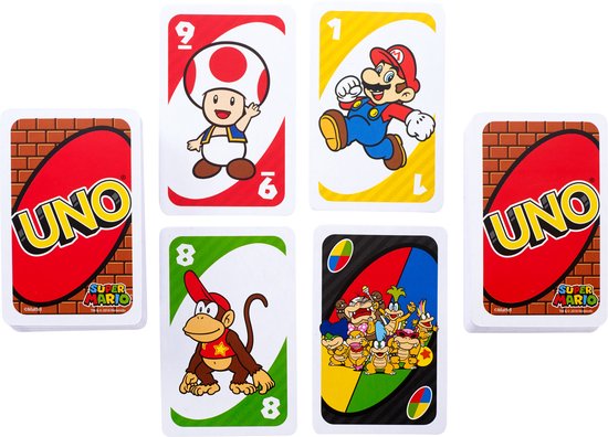 UNO Super Mario speelkaarten met Toad, Mario, Donkey Kong en de Koopalings.