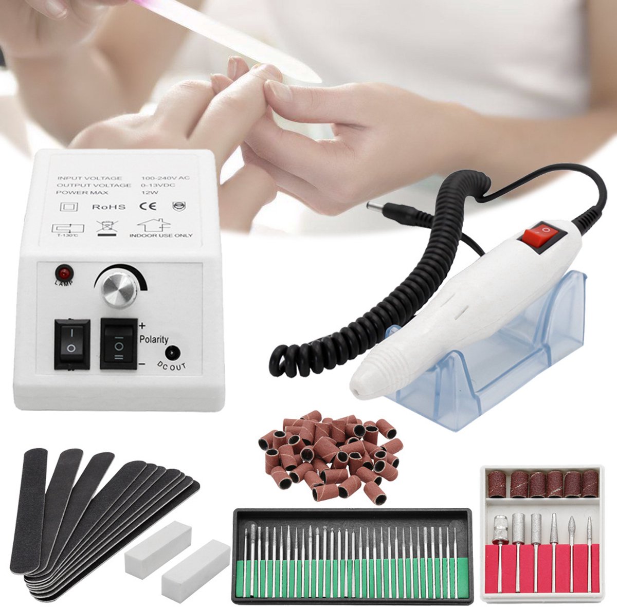 Elektrische Nagelfrees - Nagelvijl Set - Elektrische Manicure en Pedicure set - 20000 RPM PRO Desktop - 6x standaard schuurkappen - Links- en rechts draaiend - Wit - voor Manicure & Pedicure - Pedicureset