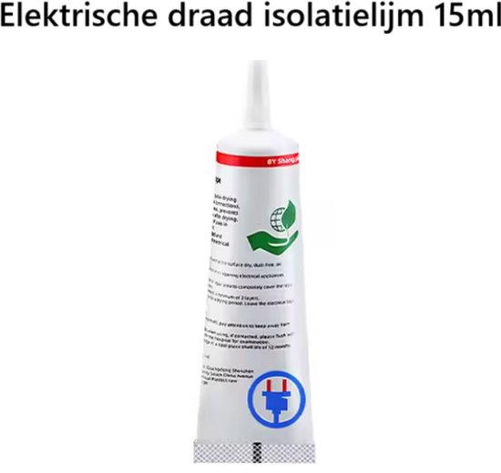 Flesje met 15ml elektrische isolatielijm, wit met rode en blauwe details. Tekst 'Elektrische draad isolatielijm 15ml'.