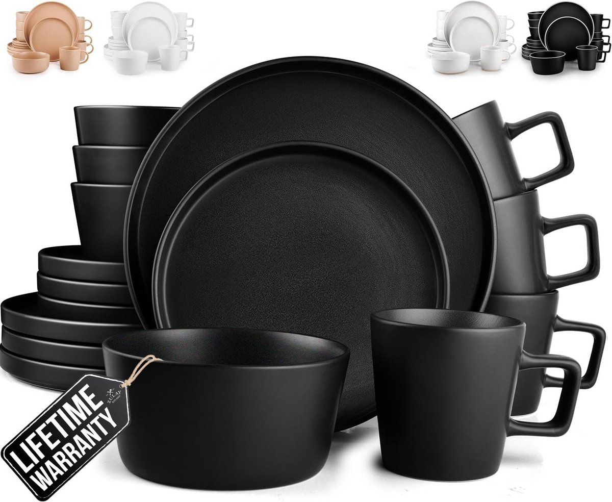 16-Delige Steengoed Servies Set voor 4 Personen - Modern Zwart - Kras- en Chipbestendig