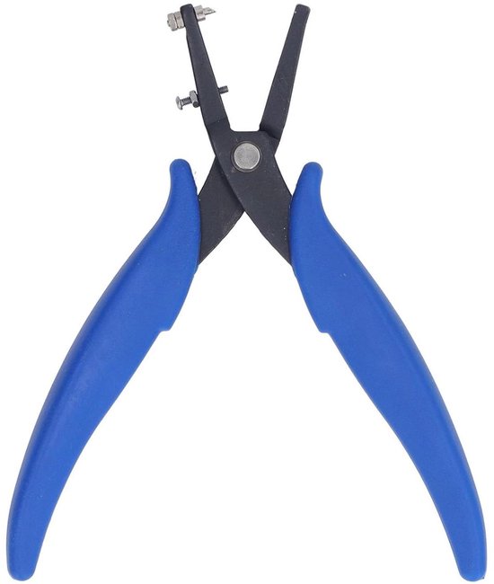 Tang met open, metalen kop en blauwe handvatten.
