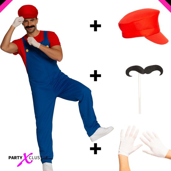 Partyxclusive 5-Delig Loodgieter Kostuum Pak Shirt/Broek/Hoed/Handschoenen/ Snor op stokje Carnavalskleding Heren Carnaval Kostuum Verkleedkleding Mannen - Polyester - Rood- L