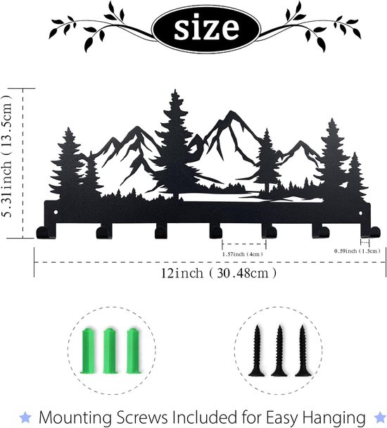 Zwart metalen sleutelhanger met bergen en bomen silhouet, 30.48cm breed, 13.5cm hoog. Inclusief schroeven.