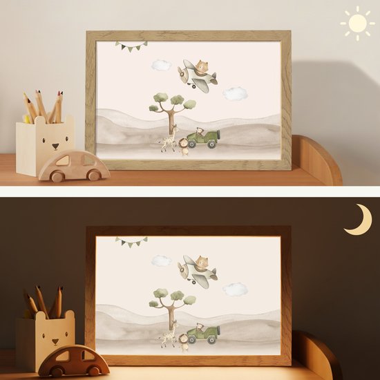 Nachtlampje 30x20 cm - Kinder lamp - Wilde dieren - Safari - Pastel kleuren - Watercolor - Vliegtuig - Tafellamp kinderkamer - Slaapkamer lamp - Bedlamp kinderen - Kinderlampje stopcontact - Wandlamp babykamer - Nachtlampjes van Merkloos — afbeelding 4