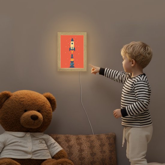 Nachtlampje 15x20 cm - Kinder lampje - Raket - Planeten - Rood - Tafellamp kinderkamer - Slaapkamer lamp - Bedlamp kinderen - Kinderlampje stopcontact - Wandlamp babykamer - Nachtlampjes van OnlyWow — afbeelding 5