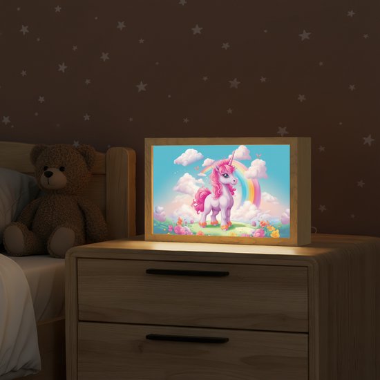 Nachtlampje 30x20 cm - Kinder lamp - Unicorn - Meisjes - Bloemen - Regenboog - Eenhoorn - Tafellamp kinderkamer - Slaapkamer lamp - Bedlamp kinderen - Kinderlampje stopcontact - Wandlamp babykamer - Nachtlampjes van Merkloos — afbeelding 2