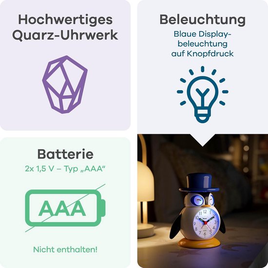 Leuke Kinderwekker Pinguïn met Licht, Snooze en Bewegende Ogen - Analoge Tijd Leren — afbeelding 3
