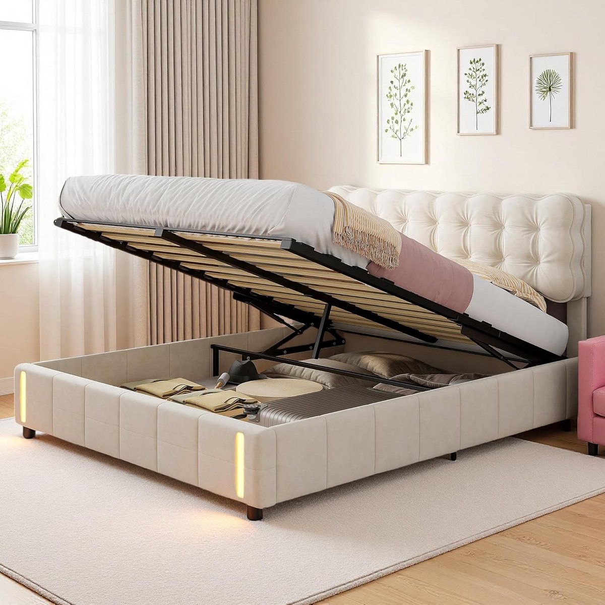 Tweepersoons Boxspring Bed met Hydraulische Opbergruimte en Sensor Nachtlampje (160x200 cm)
