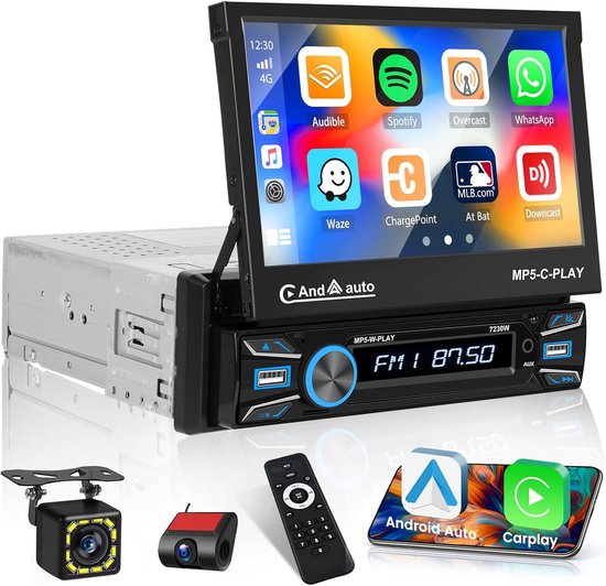 CAMECHO 4 64G 7 inch autoradio 1Din Wireless Carplay Touchscreen Radio Uitbreidbaar Handmatig Display met Achteruitrijcamera met Bluetooth Android Auto GPS WiFi DSP FM/RDS Mirror Link SWC