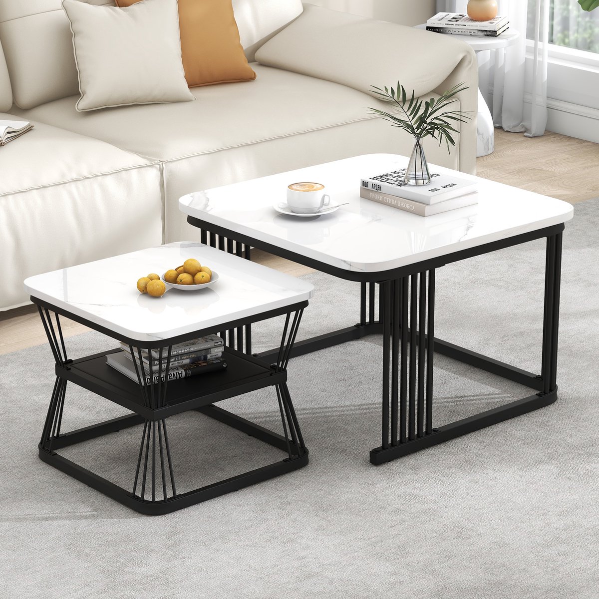 REDOM Set van 2 bijzettafels 65x65x45 cm + 45x45x39,5 cm van MDF in hoogglans marmerlook en zwart metaal, modern