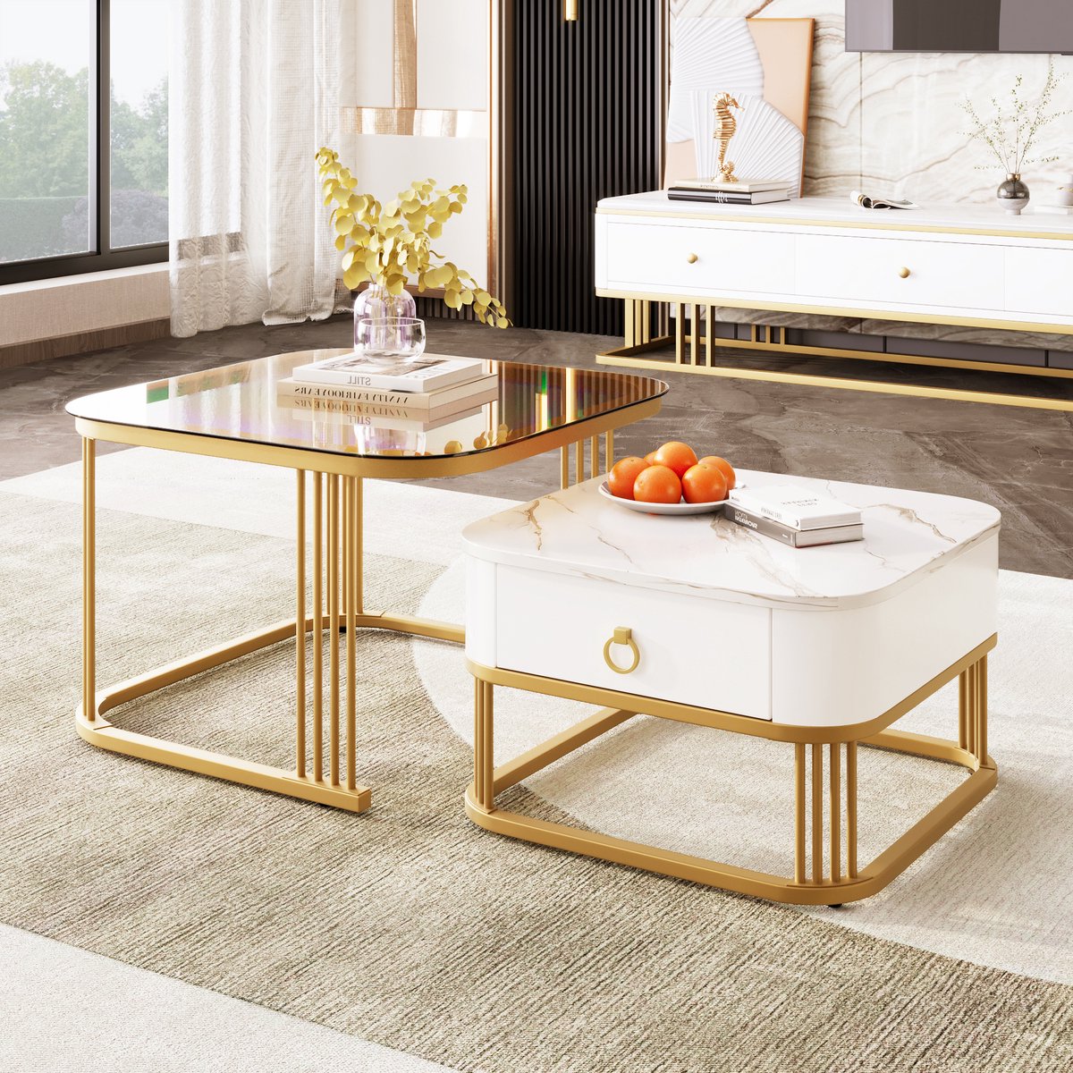 REDOM Set van 2 salontafels 60*60*42,5+50*50*34 (cm) van MDF, hoogglans marmer en theebruin glas met gouden accenten Wit