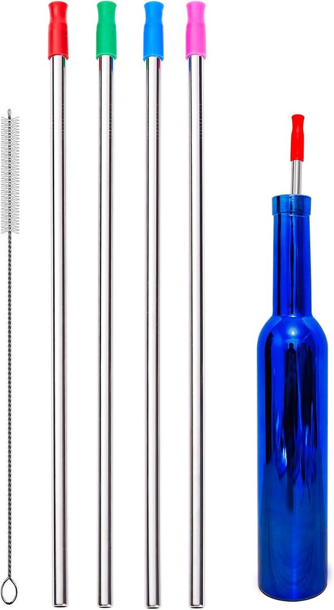 Set van 4 Extra Lange RVS Rietjes (35 cm) - Breed & Herbruikbaar met Siliconen Tip