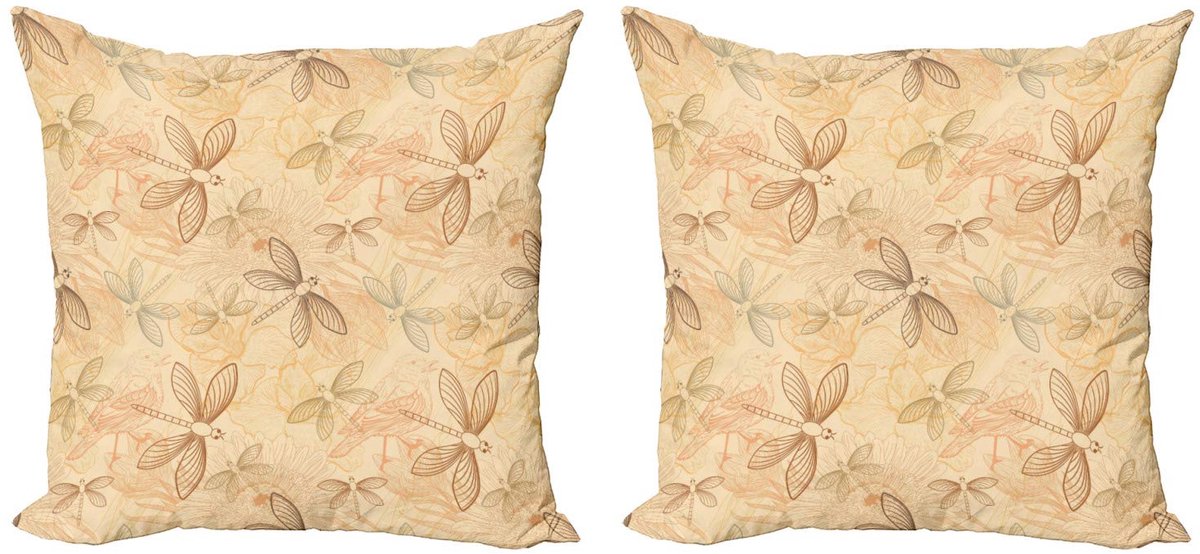 ABAKUHAUS Kussenhoes 2x50x50 – Decoratief kussen – Vintage vogels & libellen – Pastel multicolor Pastel Bruin
